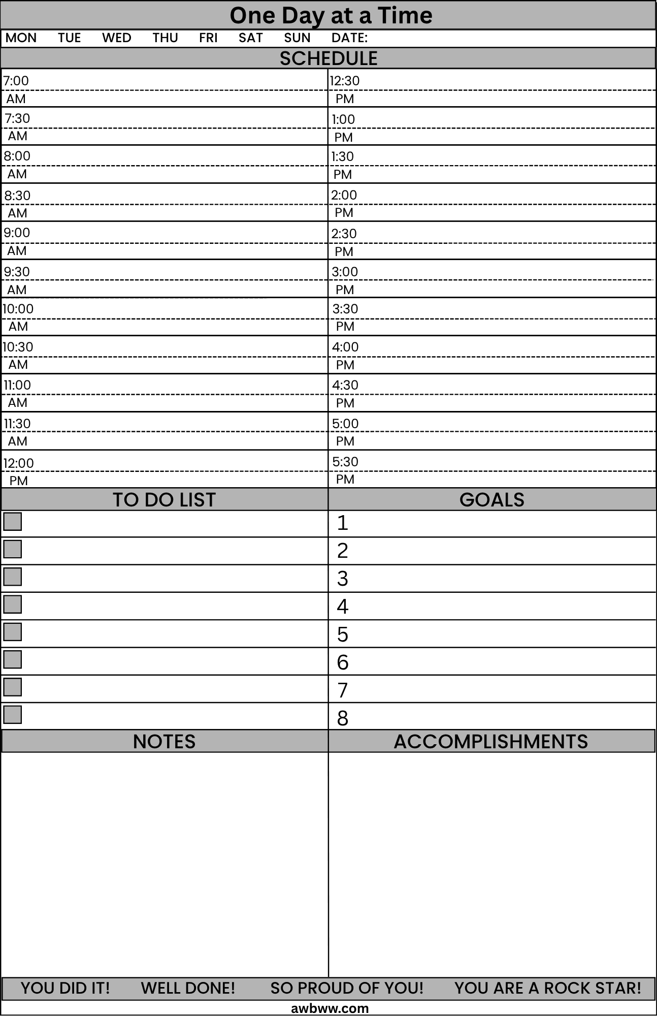 One Day at a Time Daily Planner - Printed pad One Month 32 pages