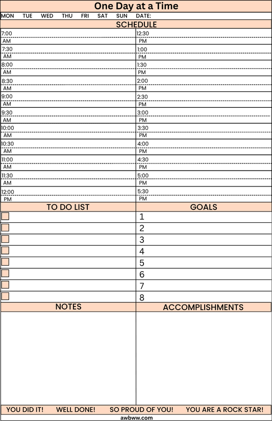 One Day at a Time Daily Planner - Printed pad One Month 32 pages