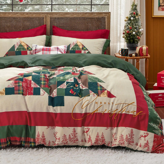 Christmas Duvet Cover Queen – Holiday Bedding Set with Christmas Tree Pattern (1 Duvet Cover + 2 Pillow Shams)