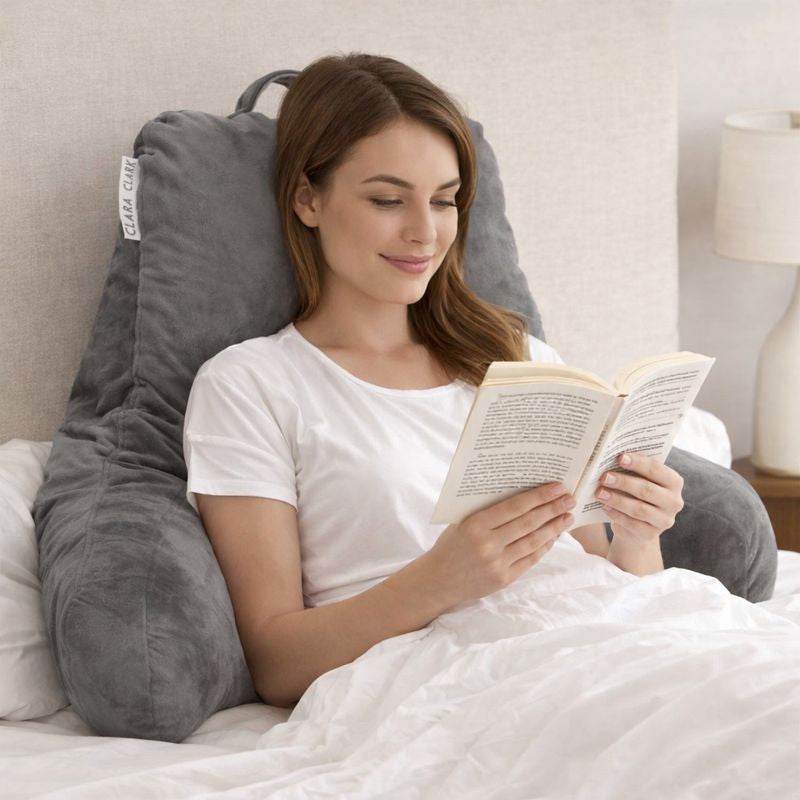 Reading Pillow – Back Rest Pillow with Arms for Bed, Floor & Lounge Use (Medium Gray)