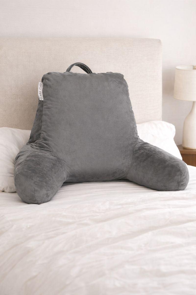 Reading Pillow – Back Rest Pillow with Arms for Bed, Floor & Lounge Use (Medium Gray)