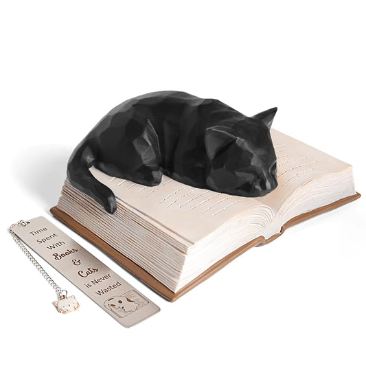 Vofstand Cat & Book Lover Gift Set – Hand-Painted Black Cat Figurine with Bookmark