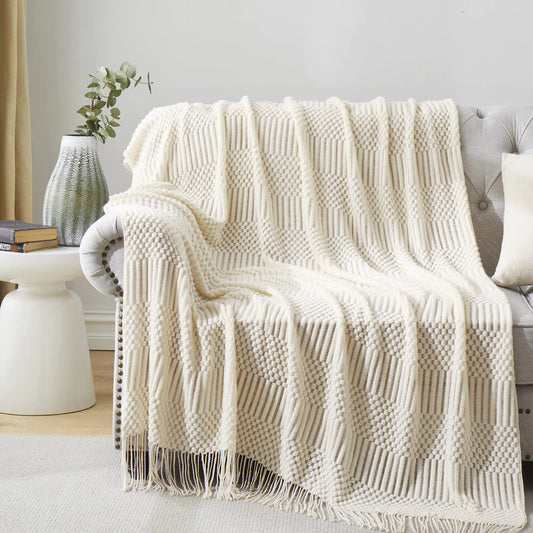 HommxJF Off White Knitted Throw Blanket – 50" x 60"