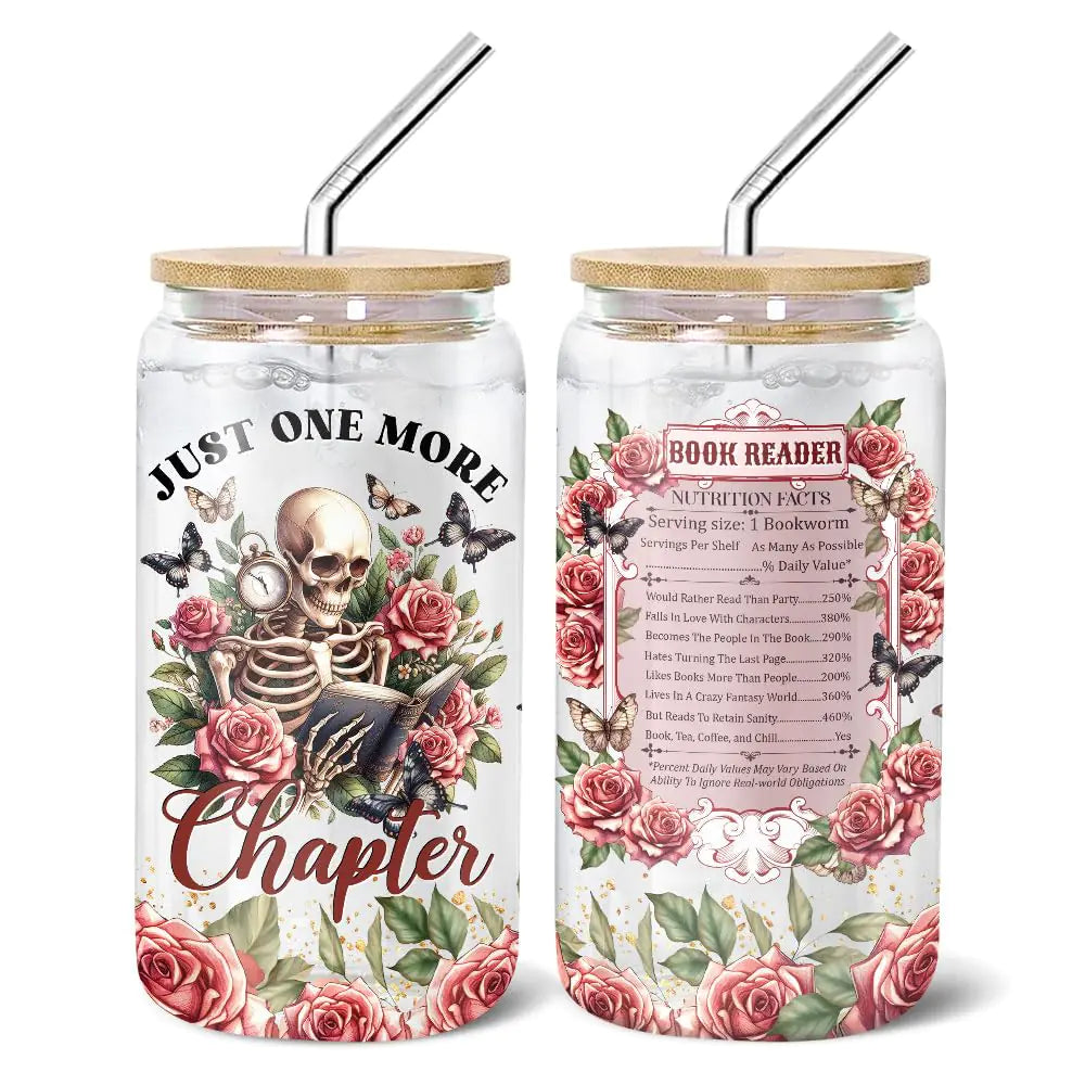 POTINAL Floral Frosted Glass Cup – 16oz Book-Themed Tumbler with Lid & Straw, Butterfly & Skull Design, Book Lover Gift